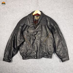 Fluid Internationale Bomber Jacket Motorcycle Black Leather Pockets Men's Large